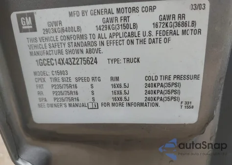 2003 Chevrolet Silverado 1500 Work Truck z USA, uszkodzony, nr VIN 1GCEC14X43Z275624